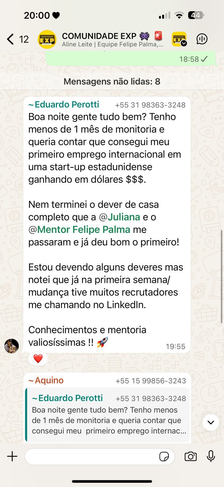 Depoimento WhatsApp - primeiro emprego internacional