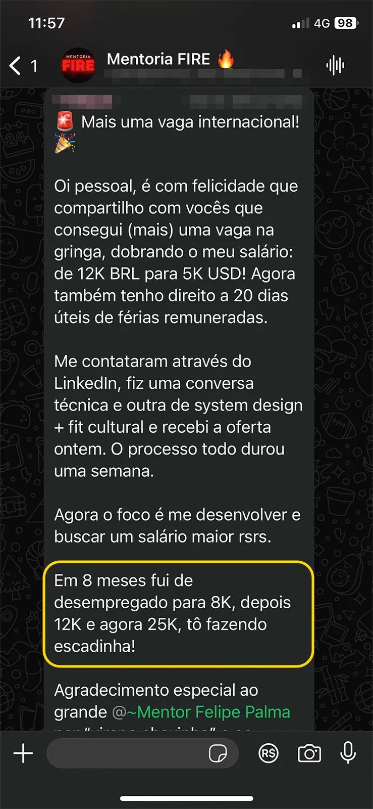 Depoimento WhatsApp - de desempregado para 25K em 8 meses